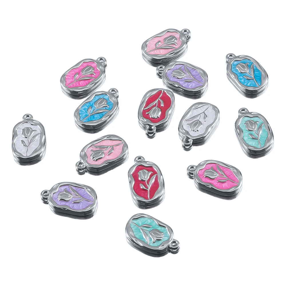 2pcs Stainless Steel Enamel Rose Charms Bracelet Necklace Pendant Connectors For DIY High Quality Jewelry Making Accessories