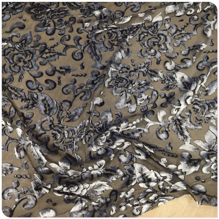 

Luxury Black & Silver Floral Burnout Velvet Fabric Premium Textile for Evening Gowns, Wedding Dresses & Haute Couture