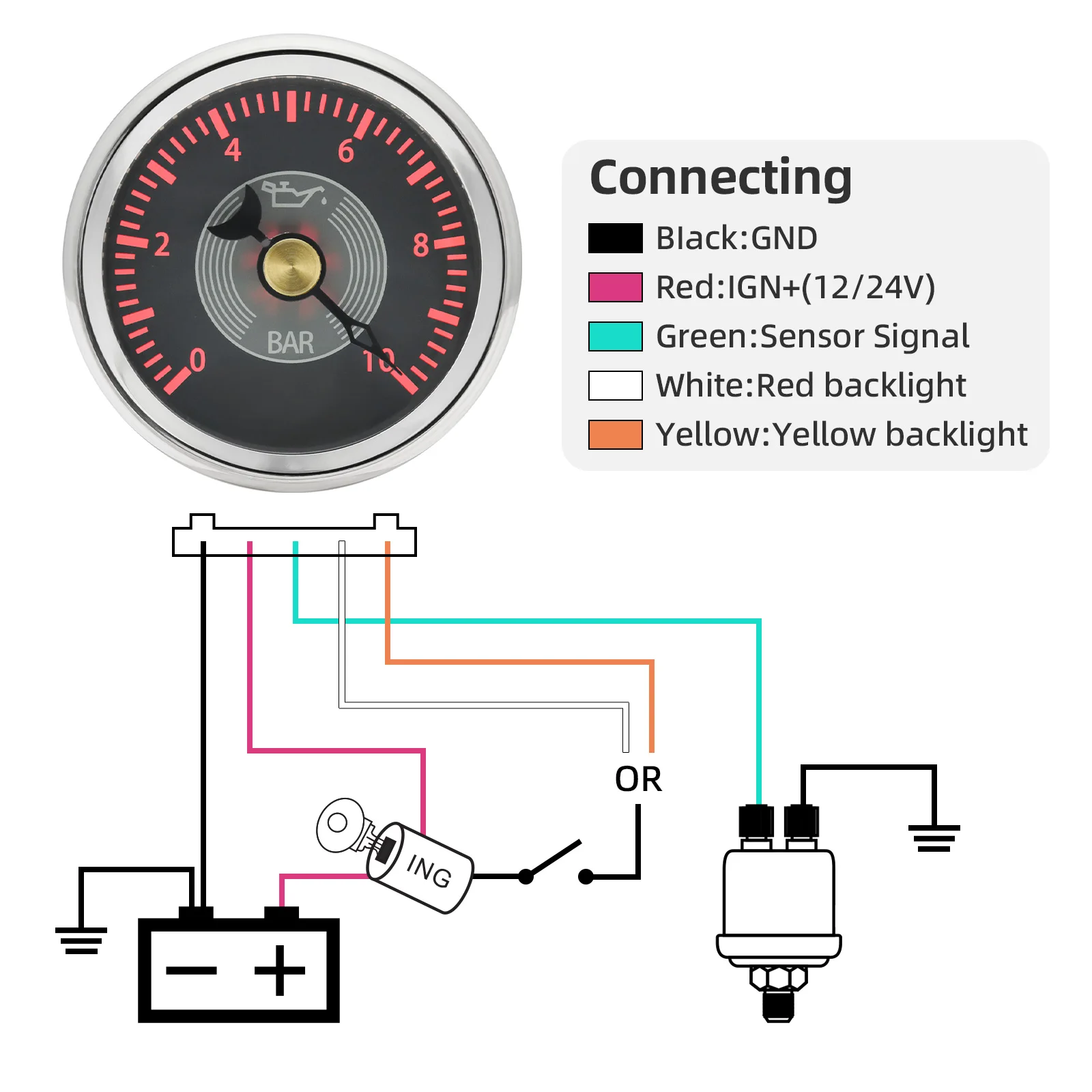 52mm Oil Pressure Gauge 0-10Bar Oil Press Meter Voltmeter Water Temp Fuel Level Vintage Gauge for Auto Car Boat Yacht Custom