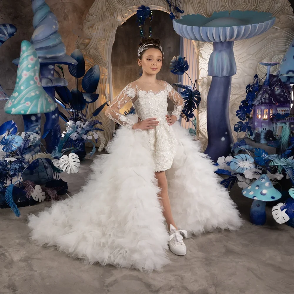 Luxus weiß abnehmbare Zug Blumen mädchen Kleid 3d Applikation für Schönheits wettbewerb Geburtstag Abschluss ball Brautjungfer Gast Prinzessin anpassen