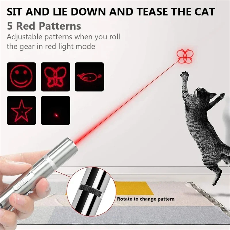 Cat Laser Toy Pen USB Charging LED Light Pointer Rechargeable Torch UV Flashlight Pen 5 Patterns Laser Stick Toy Cat Accessories