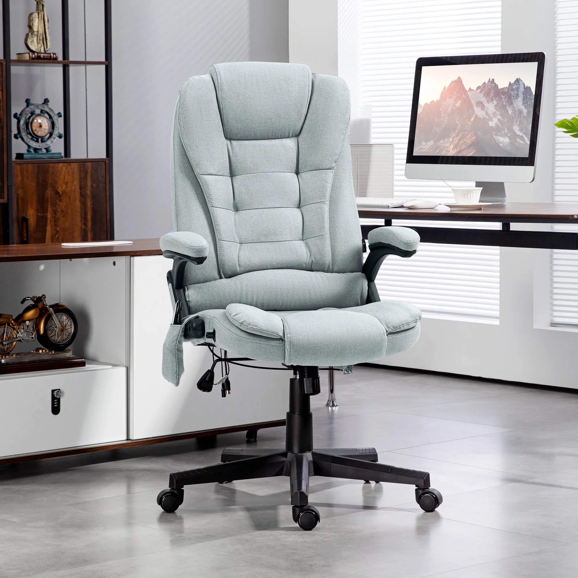 

Massage Office Chair with 6 Points Heat Linen Executive Office Chair Light Gray