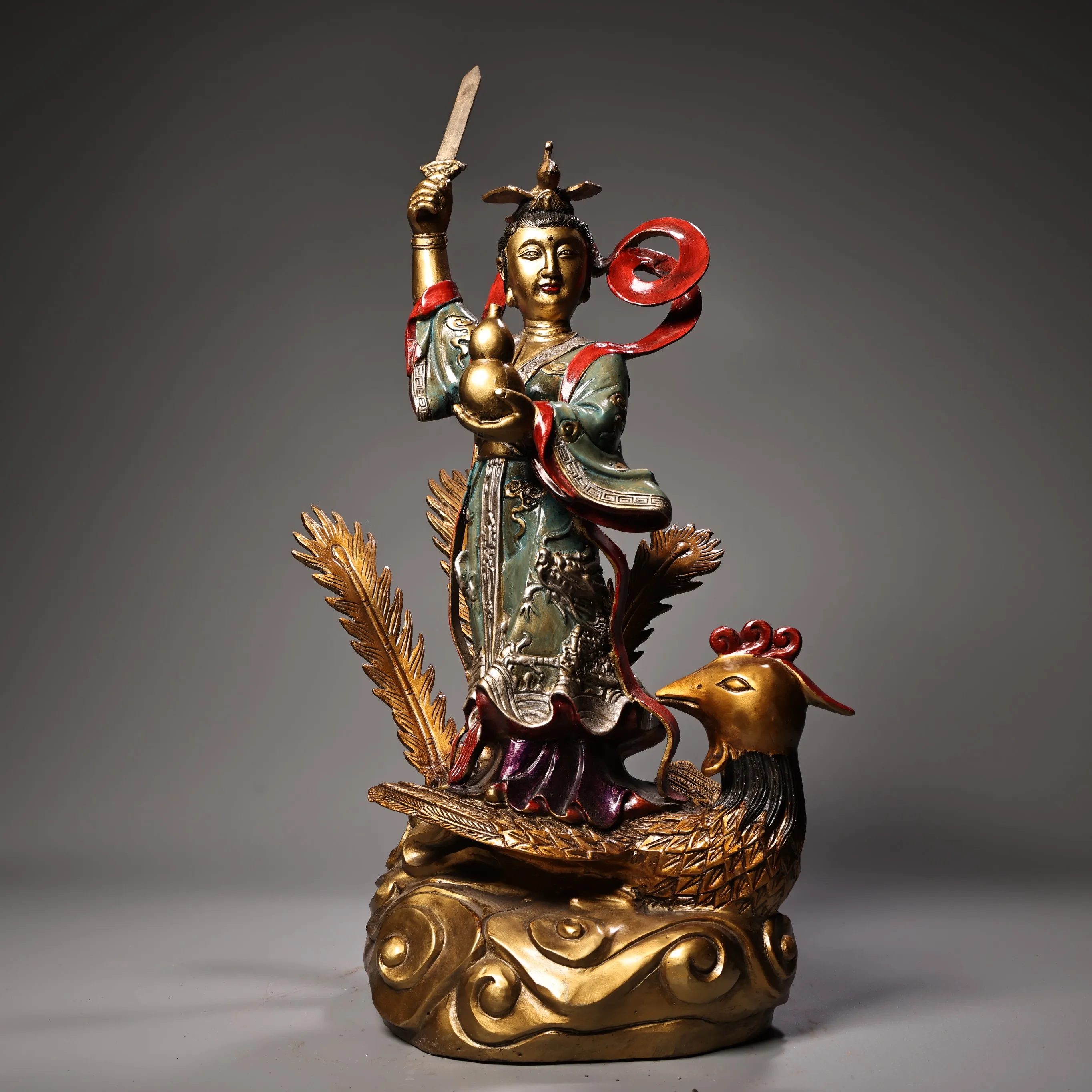 

18"Tibetan Temple Collection Old Bronze Painted High Relief Empyrean Fairy Taoist Goddess immortal Sitting Phoenix Worship Hall