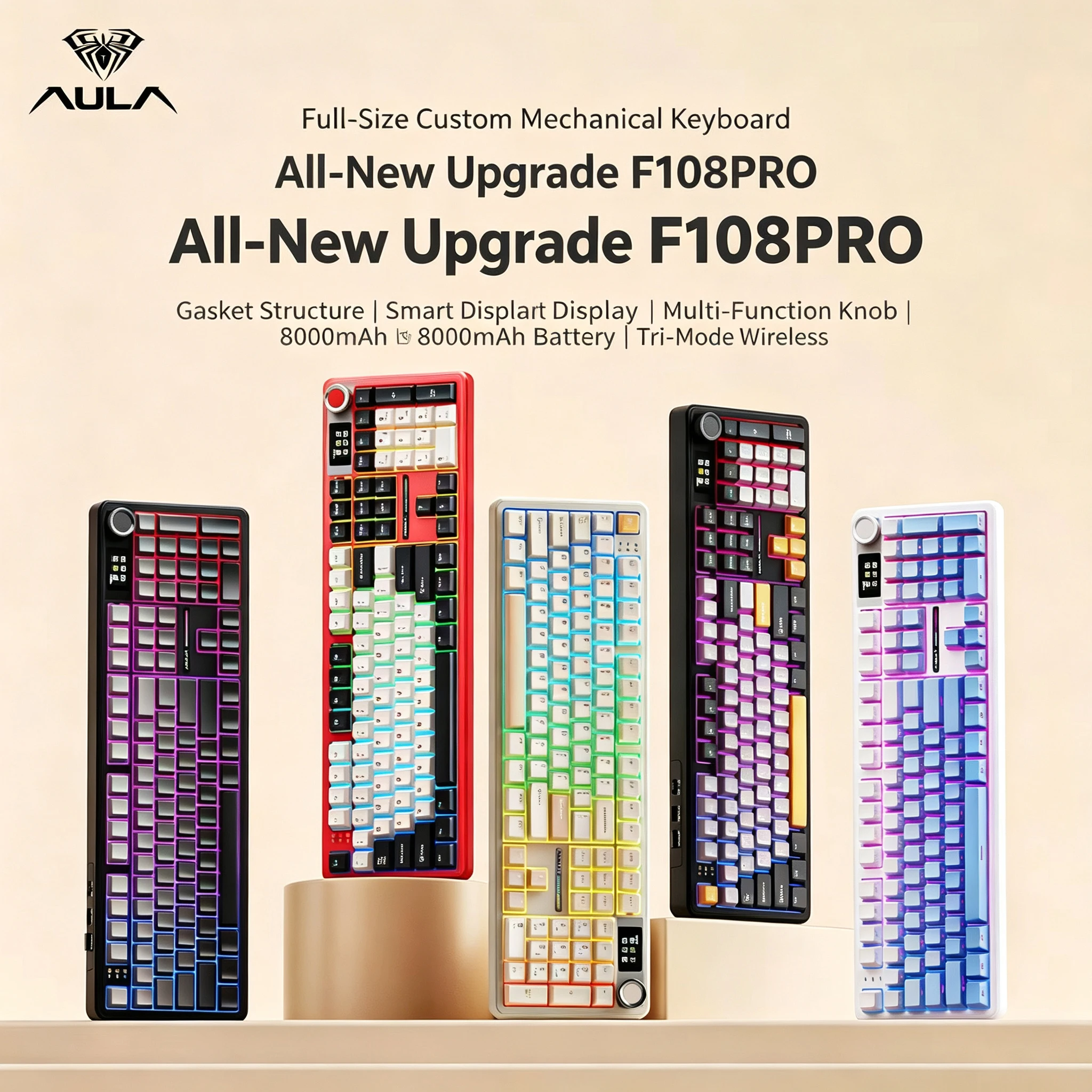 AULA F108 Pro Wireless Tri‑Mode Custom Gaming Keyboard Full‑Size Gasket Hot‑Swappable Mechanical Keyboard with TFT Smart Display - view 6