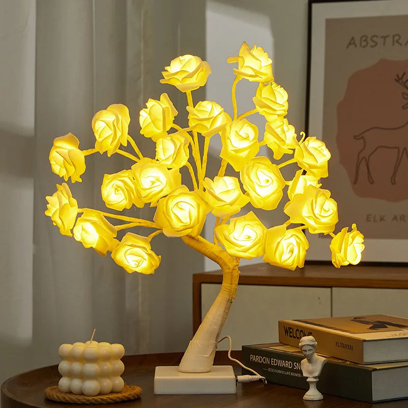 Rose Blossom Tree Night Light LED Lighted Tabletop Artificial Flower Bonsai Tree Lamp USB Gifts for Christmas Home Decor