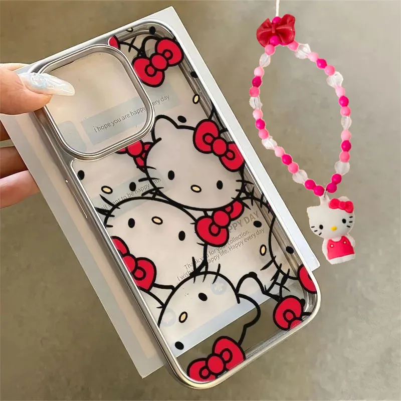 Full Screen Red Hello Kitty Face Bow Strap Phone Case For iPhone 16 15 14 13 12 11 Pro Max XR XS MAX 7 8Plus Y2K Cartoon Cover