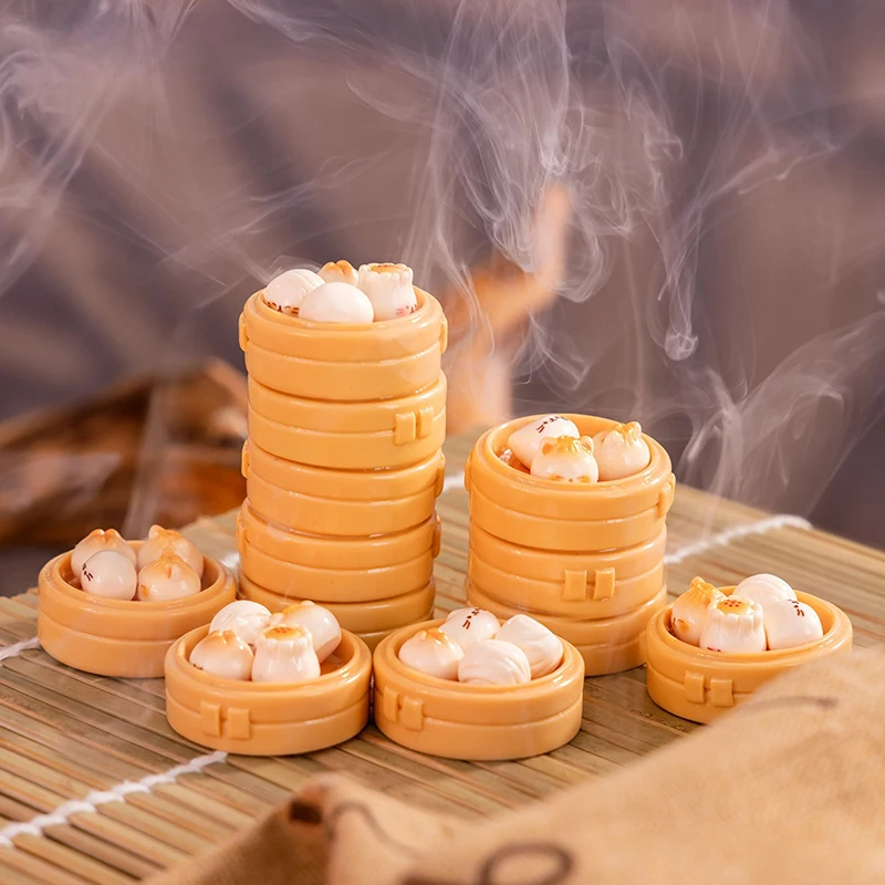 1set Dollhouse Miniature Steamer Ornaments Mini Food Toys + Imitation Steamed Buns Decoration Kitchen Accessories