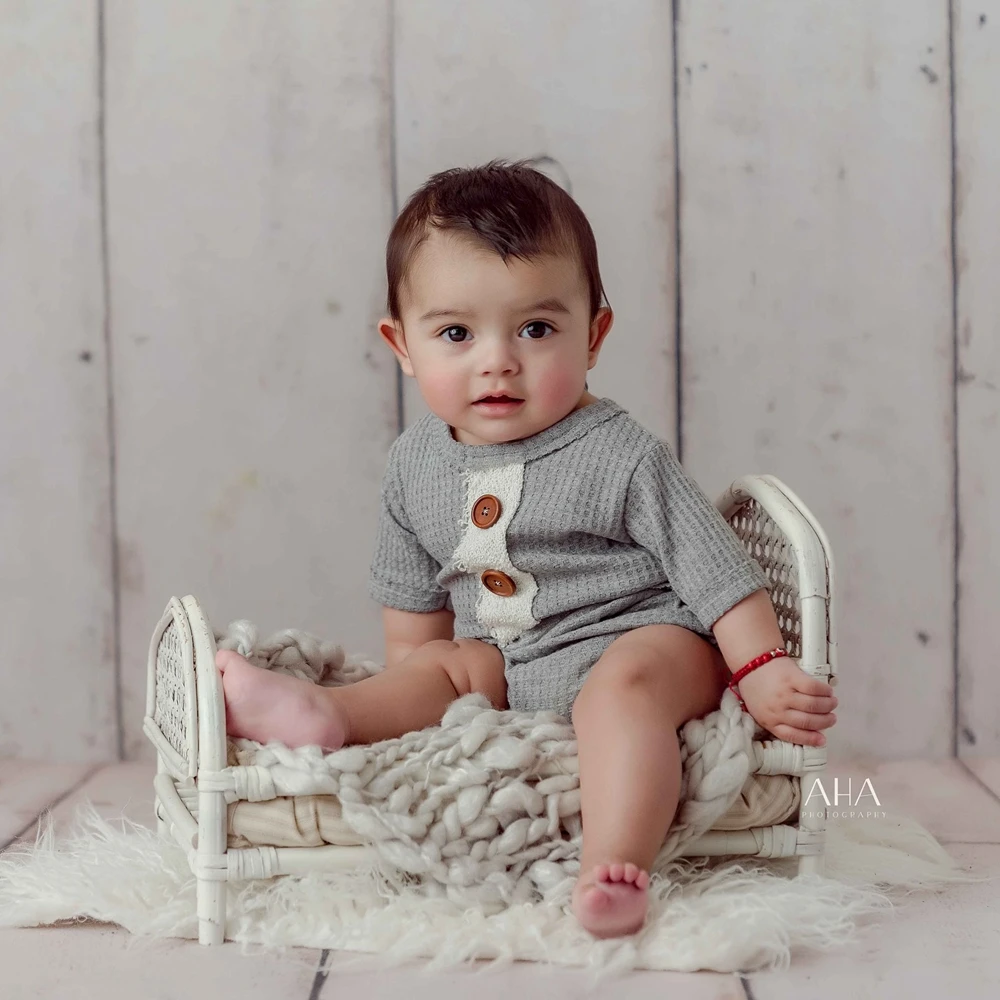Newborn Baby Boy Waffle Romper Photography Outfit Gray Bodysuit Wooden Buttons Infant Photo Shoot Baby Costume Newborn