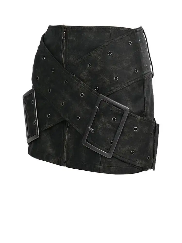 Green High Waist Big Buckle Cross Pu Leather Vintage Mini Half-body Skirt Women Fashion New Spring Autumn 2026 XQW5