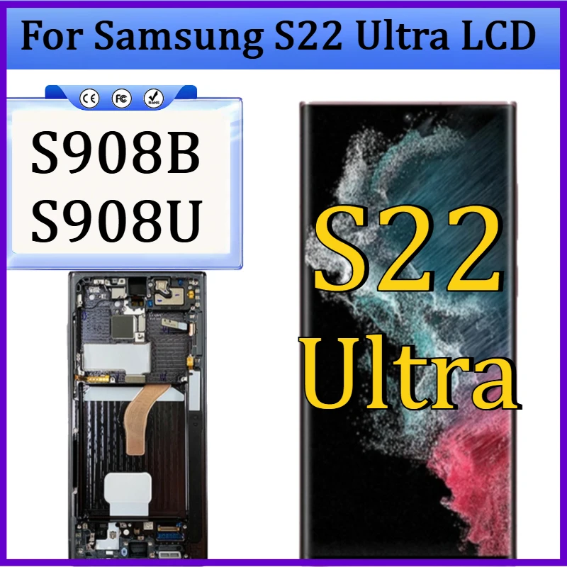 

New S908B S908U Screen For Samsung S22 Ultra LCD Display Touch Screen Digitizer with Frame For Samsumg Galaxy S22Ultra 5G