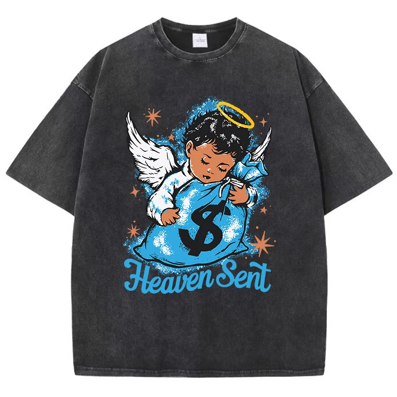 Fashion Women Washed T-Shirts Heaven Sent Manga Angel Printed Tops Cotton Oversize Crewneck Tee Shirts Street Female Clothes