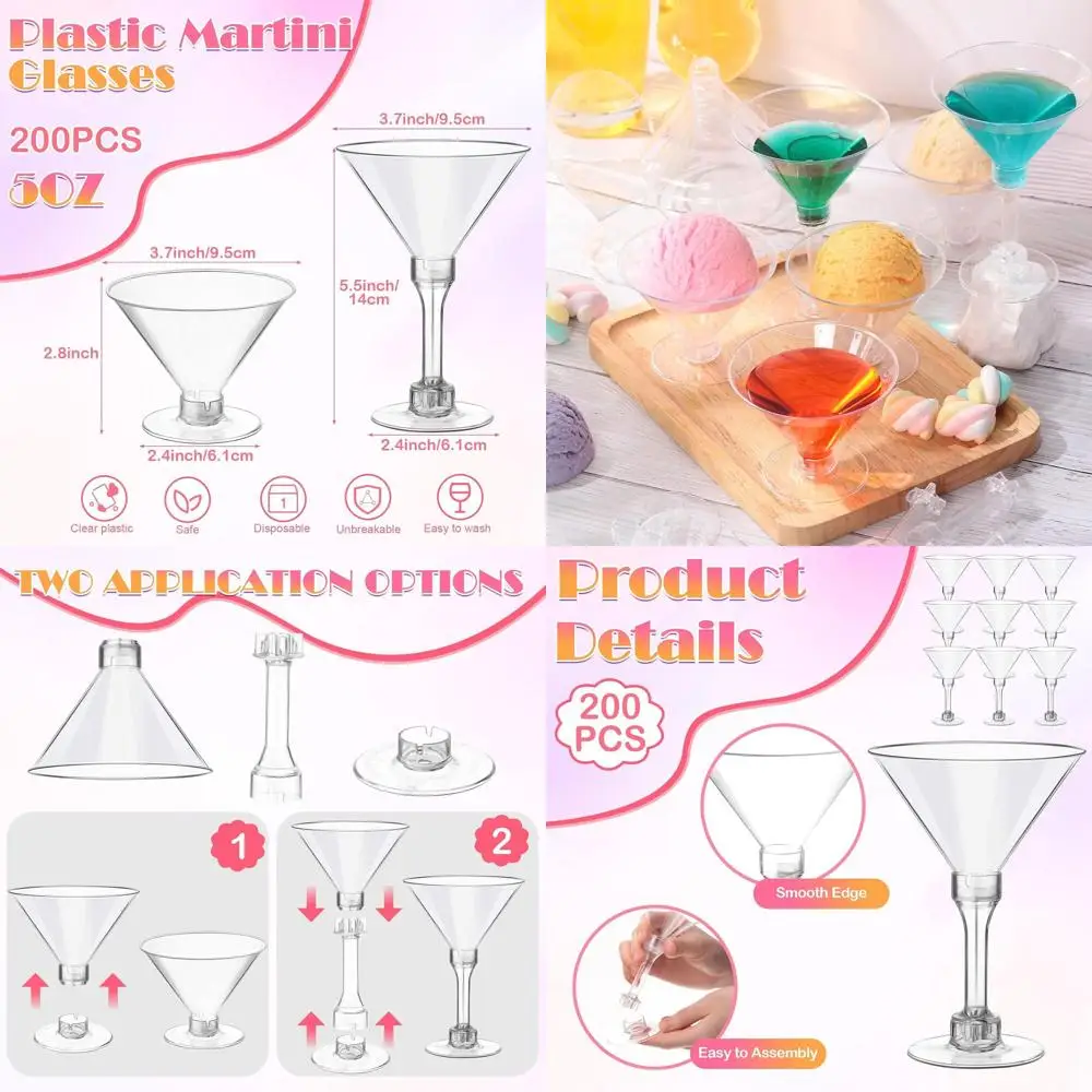 

Set of 200 5 oz Plastic Martini Glasses - Reusable Mini Cocktail Cups for Parties, Weddings, and Events