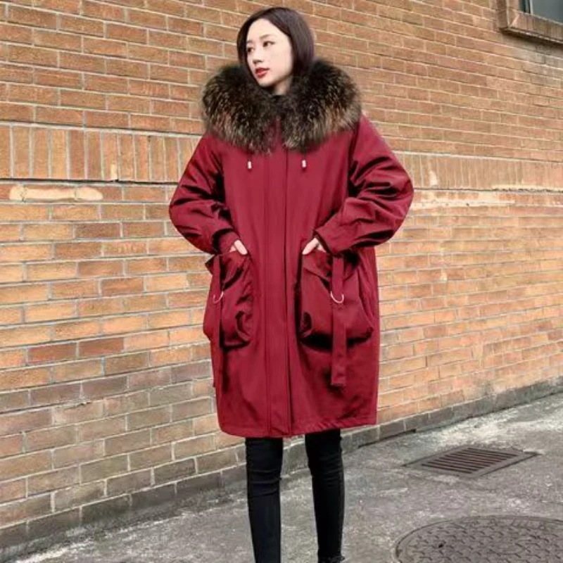 2025 New Women Cotton Coat Winter Jacket Female Mid-length Plush Thicken Parkas Fur Collar Loose Outwear Frock Hin Thin Overcoat