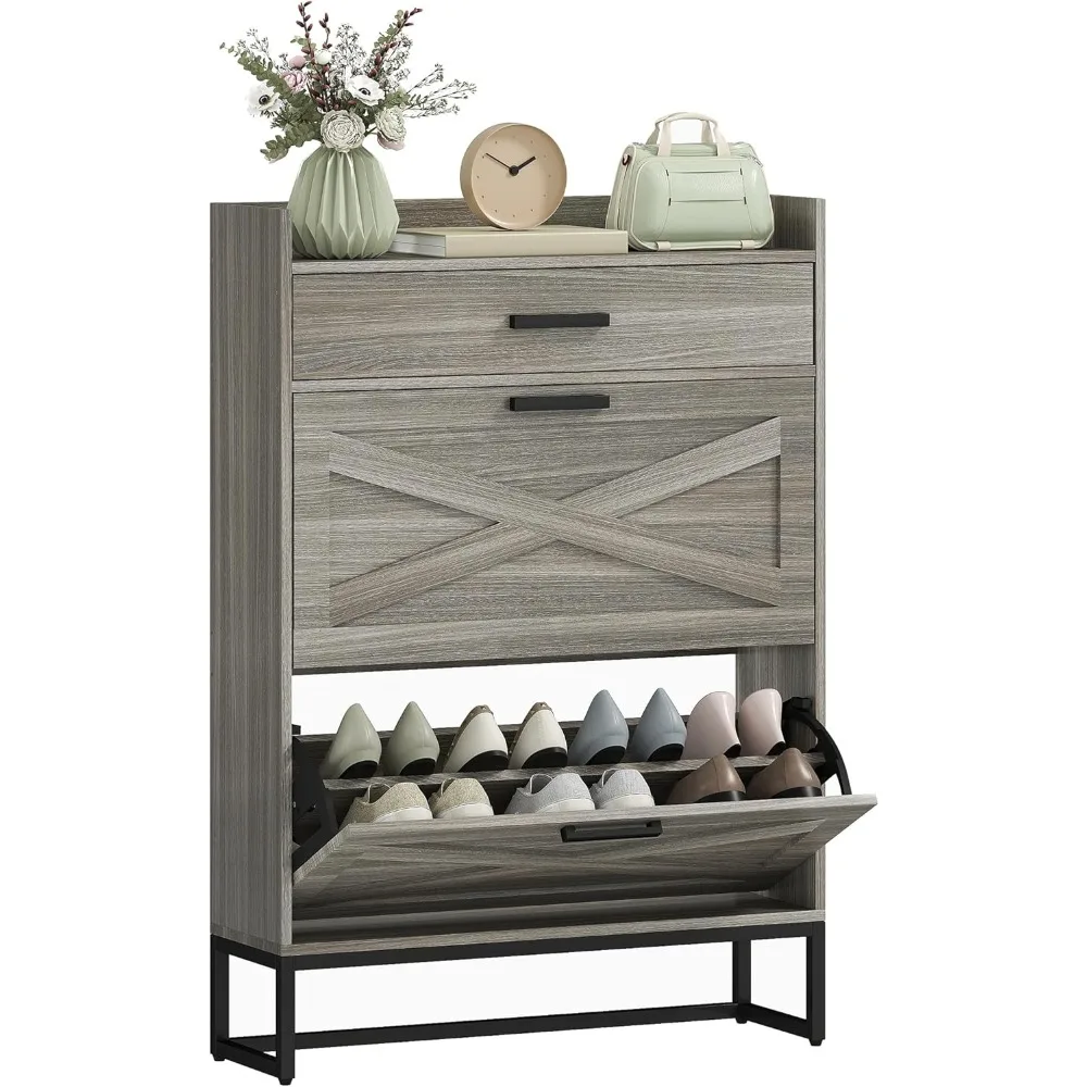 Farmhouse-Style 12-Pair Shoe Storage Cabinet with Adjustable Shelves and Top Drawer for Entryway