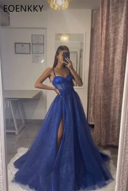 

Elegant Women's Ball Dress Spaghetti Strap Embroidered Decal Evening Gown Shining Tulle Corset Formal Party Dresses Customized