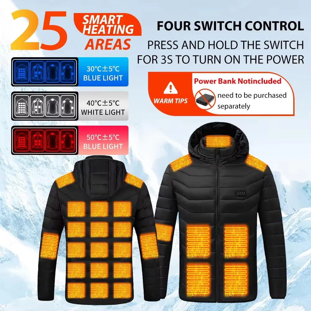 25 Areas Heated Jacket Men Women Winter USB Electric Heating Parka Smart Heating Clothes for Outdoor Winter Warm Cotton Clothing