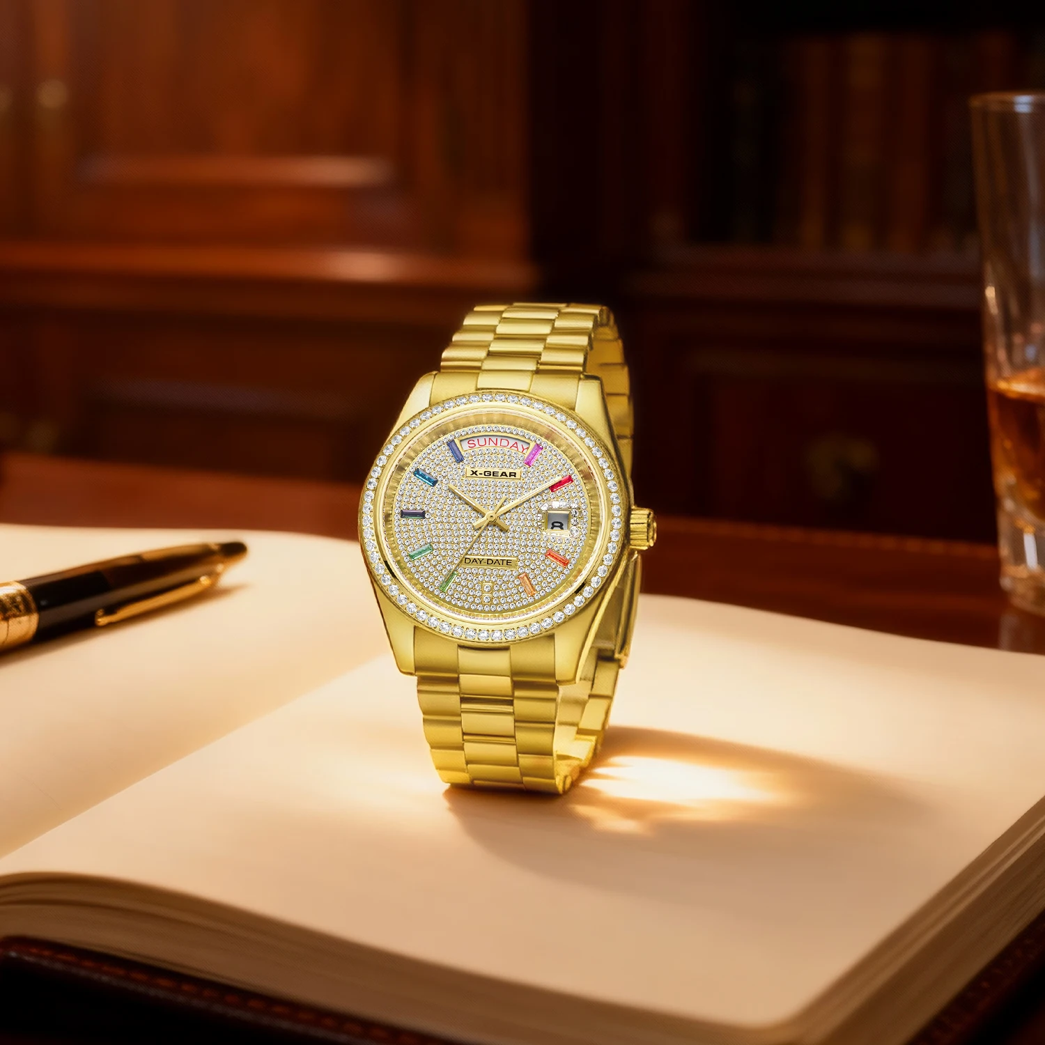 

Мужские роскошные часы с бриллиантами, полный циферблат, бриллиантовый ободок, механический светящийся дисплей даты и недели, ремешок из нержавеющей стали