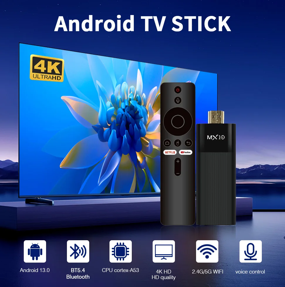 MX10‑F3PRO Smart TV Stick 4K TV Converter Allwinner H313 Cortex‑A53 Android 13 Media Player Over 70 Languages