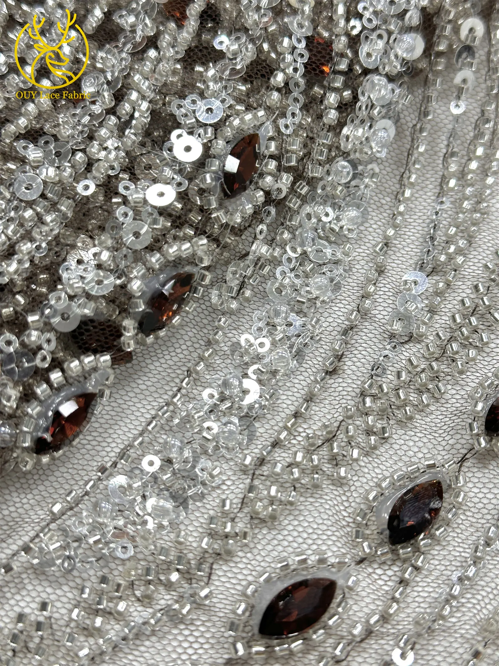 Marineblauer, hochwertiger, luxuriöser, österreichischer Diamant-Perlen-Spitzenstoff im neuen Stil 2026, afrikanischer Pailletten-Spitzenstoff für Brautkleider und Hochzeitsfeiern. – Detail 27