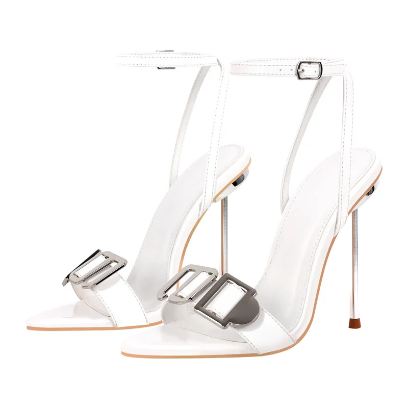 Onlymaker Women White Open Toe Stiletto Sandals Metal Heels Buckle Sandals