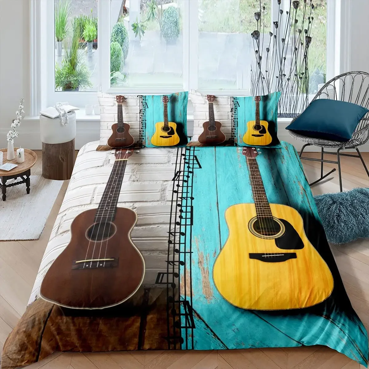 Electric Guitar King Queen Duvet Cover Stringed Instrument Bedding Set Musical Note Quilt Cover Hippie Polyester Comforter Cover