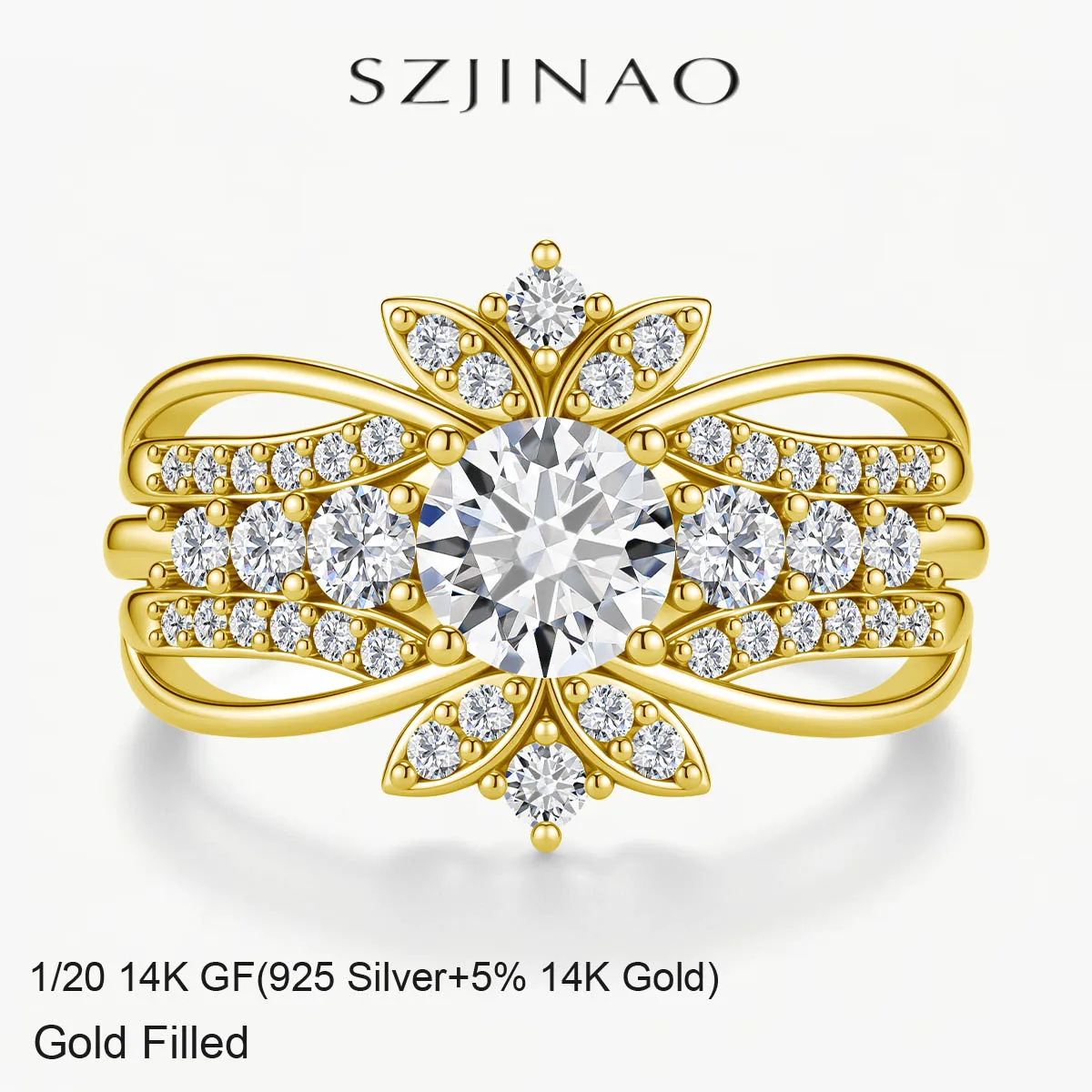 14K Gold Filled 2Pcs Stackable Bridal Ring Set 1ct Round Moissanite Floral Halo Multi Band Engagement Wedding Ring for Women