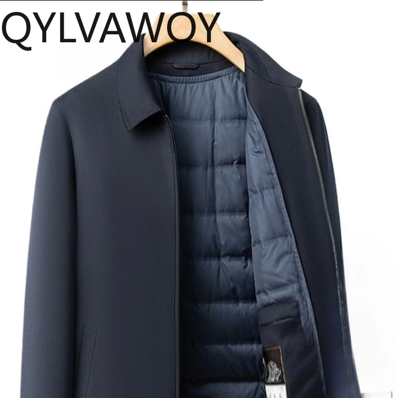 

QYLVAWOY 79% Wool Goose Down Men's Down Jacket Silk & Fine-Woven Wool Business Lapel Warm Administrative Outerwear LJ2665
