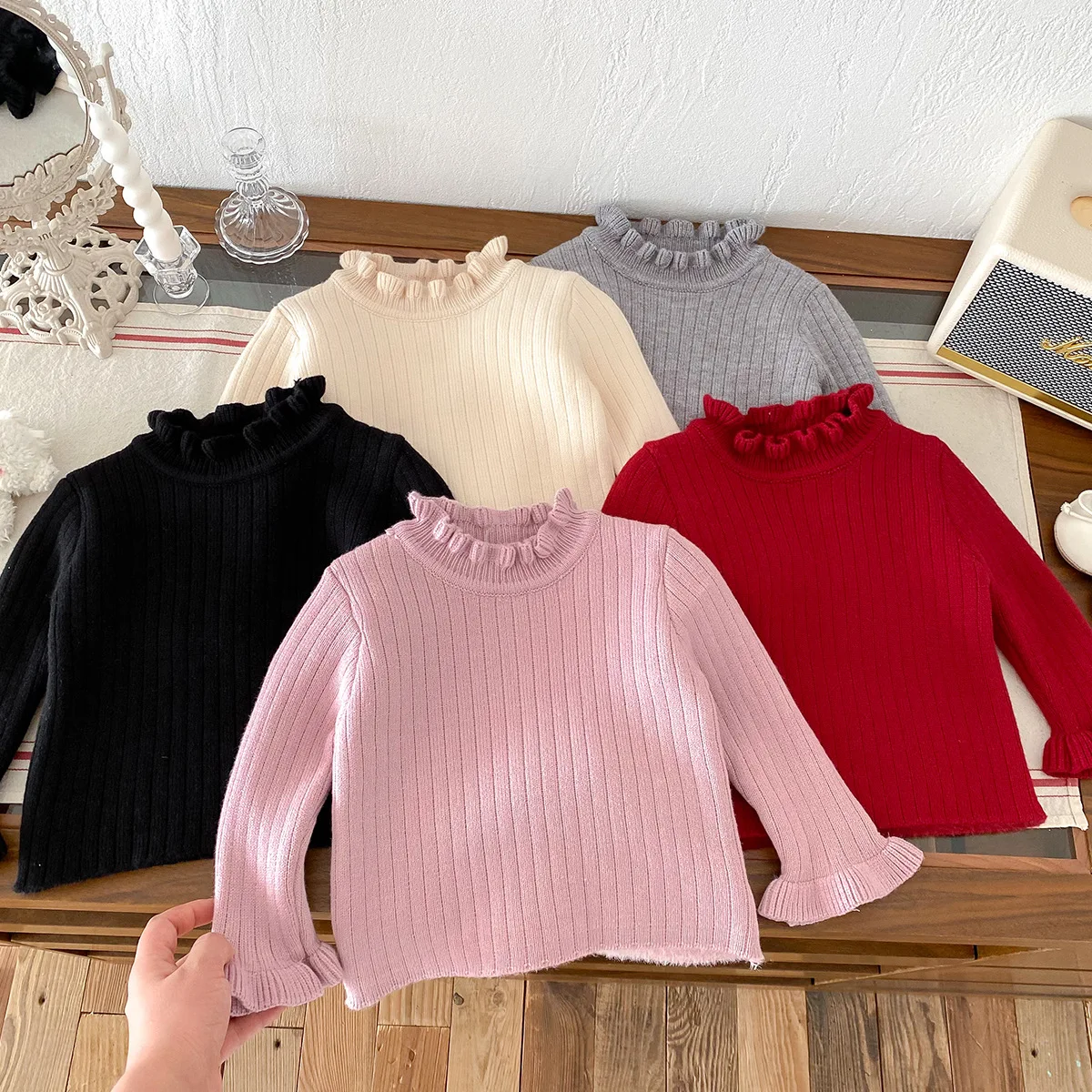 

Autumn Winter Infant Girls Base Sweater Korean Slim Fit Inner Layer Plus Velvet Baby Girls Knitwears Toddler Girls Bottom Tops