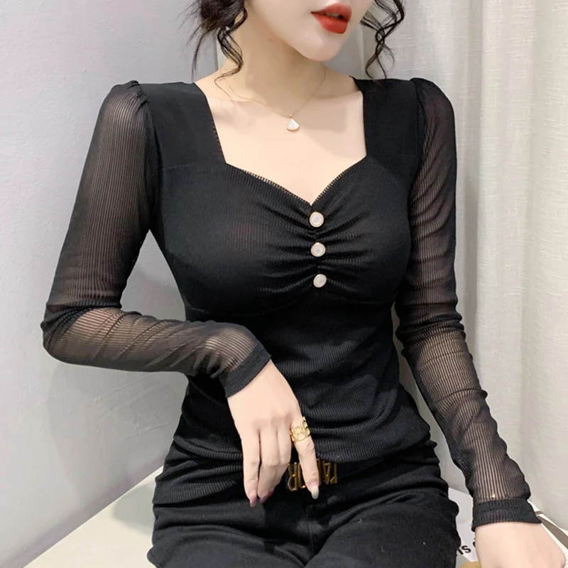 

Осенняя новая женская футболка с длинными рукавами и v-образным вырезом, модные повседневные однотонные вязаные топы с бисером M-3XL, сетчатая одежда