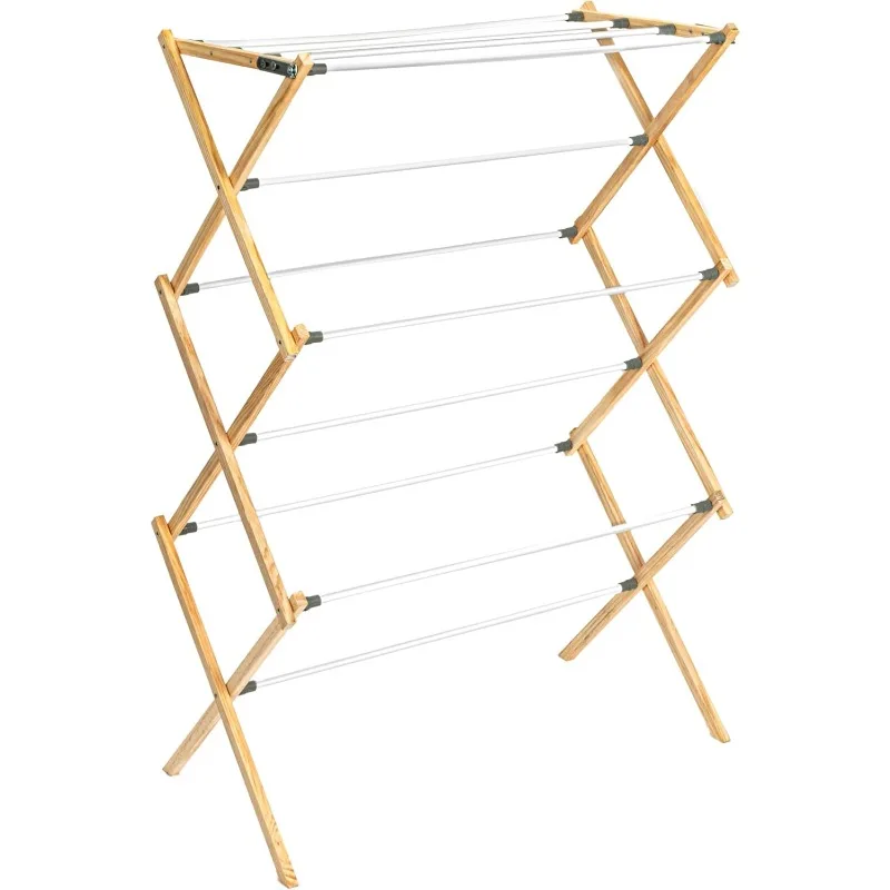 Clothes Drying Rack, Stabile Wood Frame with Slanted Feet, 23.8 Feet of Hanging Space, Ready to Assemble, Flat Top, Natural