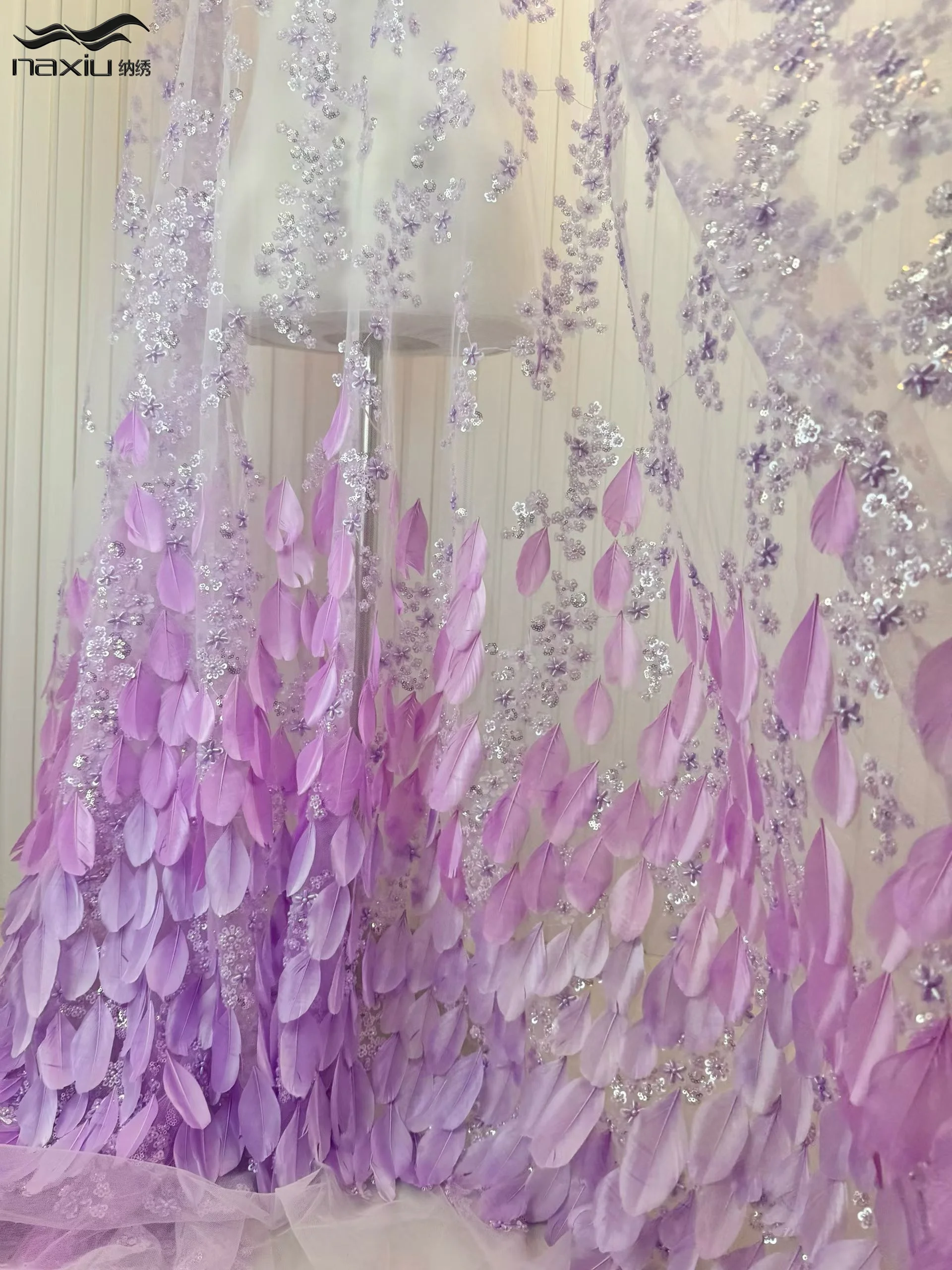 

Madison High-end Beaded Lace Fabric Luxury Feather Pattern Bridal Classic Tulle Handmade Beads Lace Fabric for Women Dress