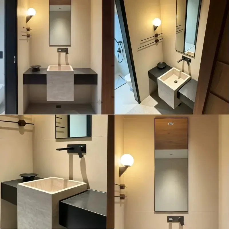 Light Luxury Wall Mounted Bathroom Sink Burned Stone Hanging Edge Seamless Splicing Basin Wash Cabinet Combination