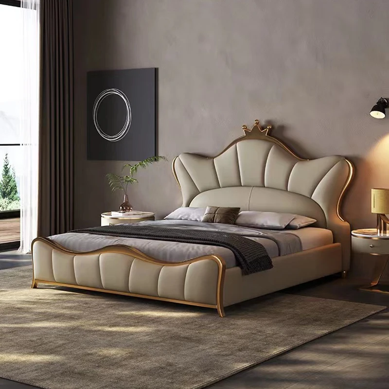 

Luxus Schlafzimmer möbel Echtes Leder Weiche Massivholz bett rahmen Kingsize-Bett Hoch gepolsterte Betten
