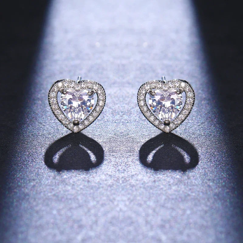 2022 New Fashion Women Classic Shining Silve CZ Stud Earrings for Wome Pink Ears Stud Crystal Valentine\'s Day Gift Jewelry