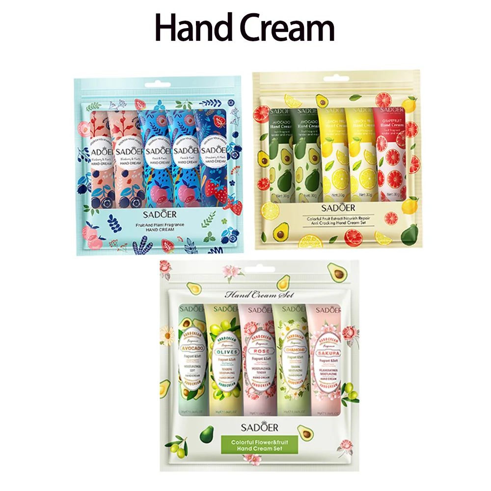 SADOER 5 قطعة/المجموعة الفاكهة مصنع العطر كريم اليد مجموعات ترطيب إصلاح مكافحة الجافة غسول اليد مجموعات الأيدي منتجات العناية بالبشرة
