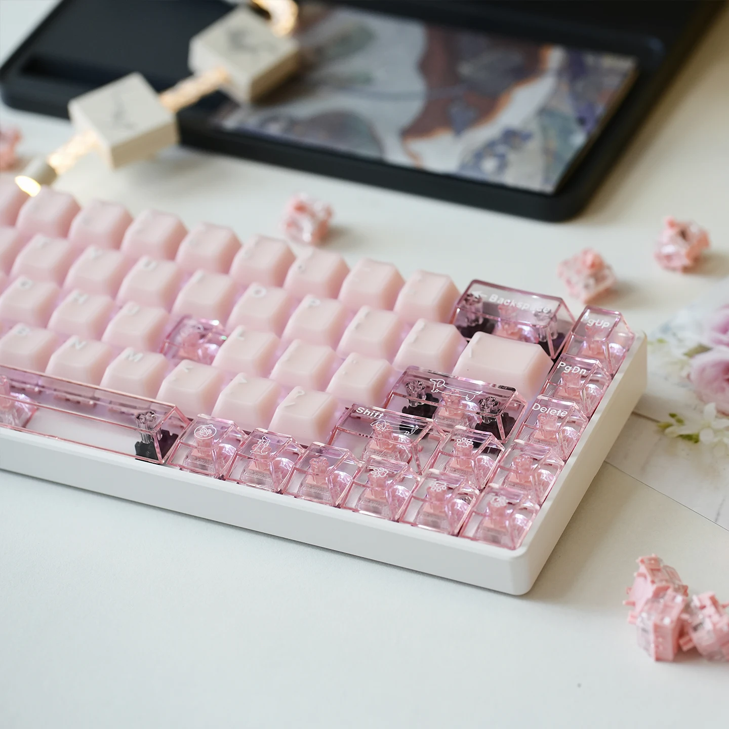 

Pink Sakura Translucent Keycap Cherry Profile PBT+PC Double Shot Custom Keycaps for MX Switch Mechanical Keyboard Girls Gifts