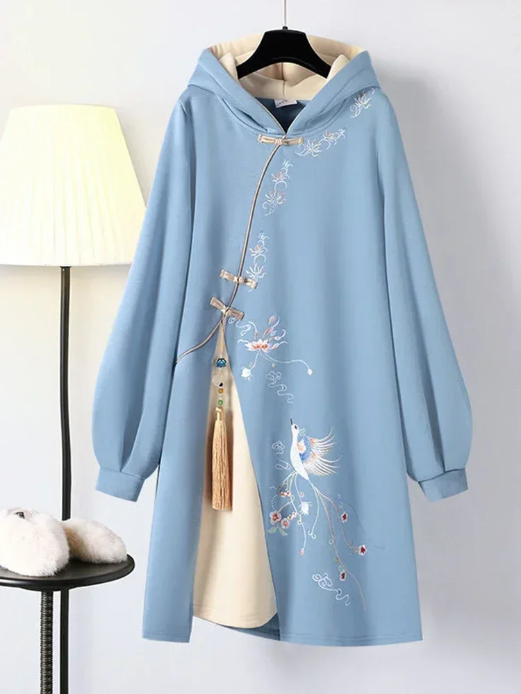 فستان بقلنسوة بخياطة الهالوين لعام 2025 فستان نسائي للخريف والشتاء أنيق على الطراز الصيني شارع العليا تحسين عناصر هان جديدة