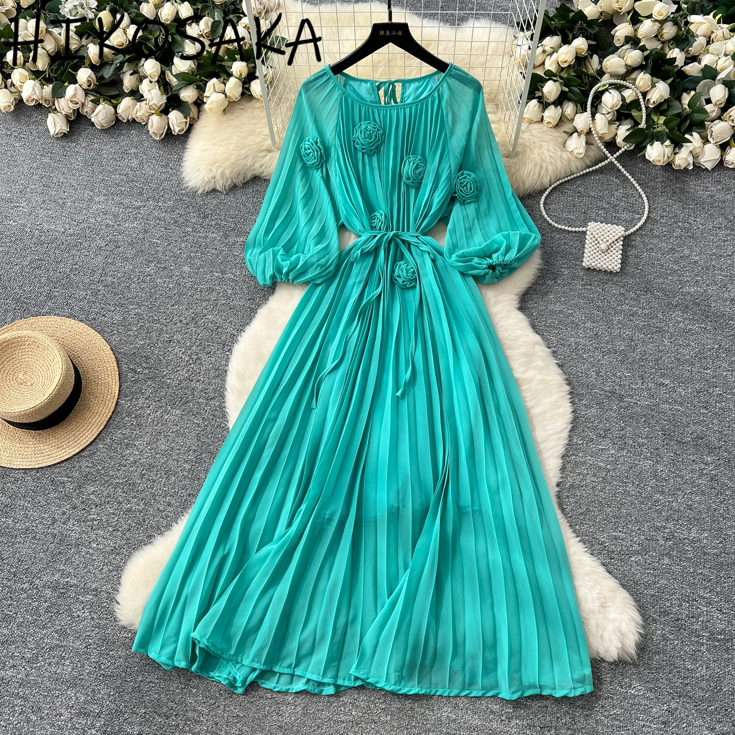 

Fashion Three-dimensional Flower Pleated Dress O-neck Lantern Sleeve Slim Waist Lace Up Long Robe French Style Elegant Vestidos