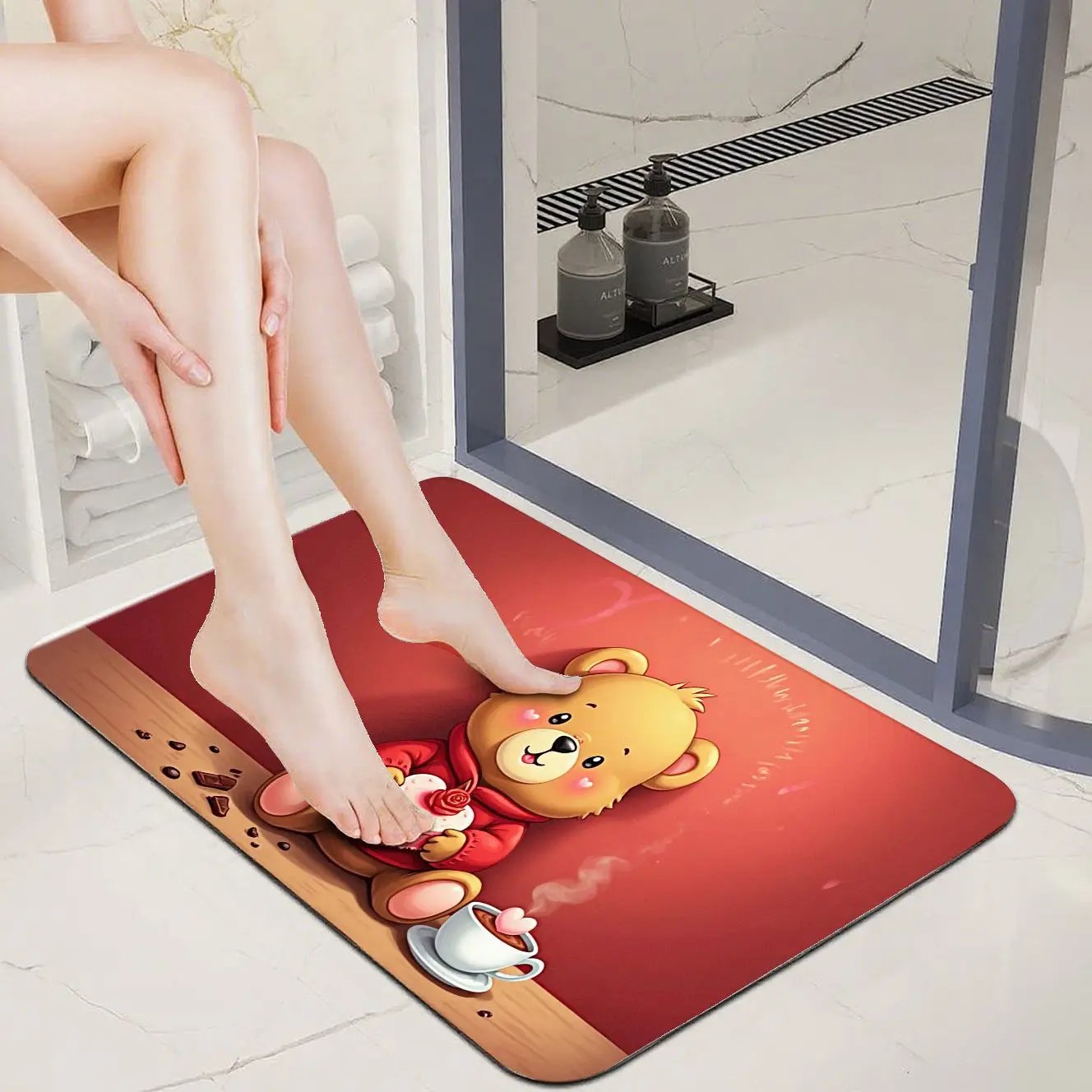 

MatMuse Cute Teddy Bear Heart Footprint Mat Soft Diatomaceous Earth Mat Floor mats Living Room Absorbent Bath Modern Kid Carpet