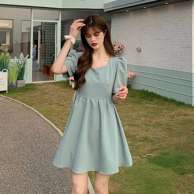 Sweet Square Collar Backless Puff Sleeve Bow Princess Dress Female Clothing 2024 Summer New Loose Solid Color Casual Dresses