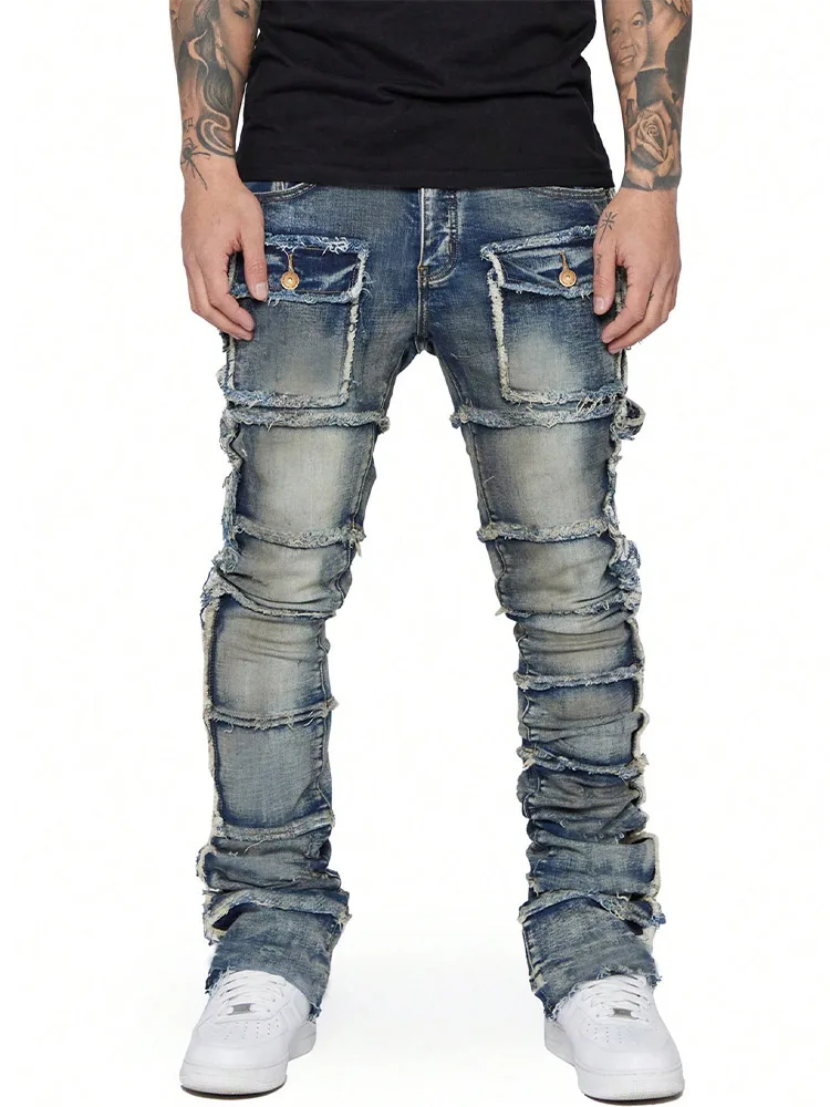 Ausgefranste Quasten-Patchwork Herren Cargo-Hose mit Plissee-Taschen Denim Gerade Hose 2026 Motor Vintage Herren Streetwear Lange Jeans