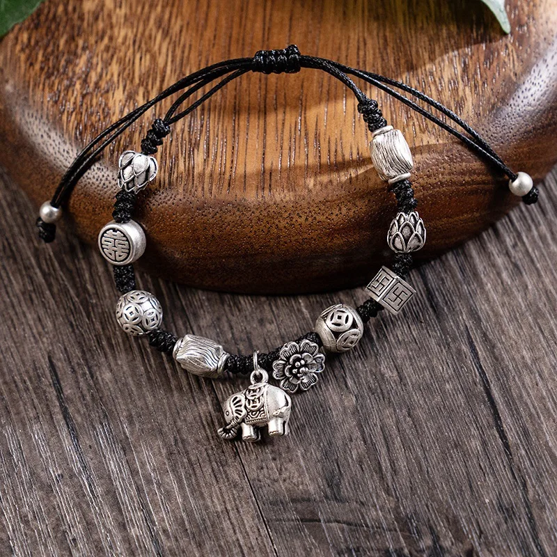 Vintage Tibetan Silver Perfect Elephant Anklet Hand Woven Matte Silver Flower Ethnic Style Jewelry