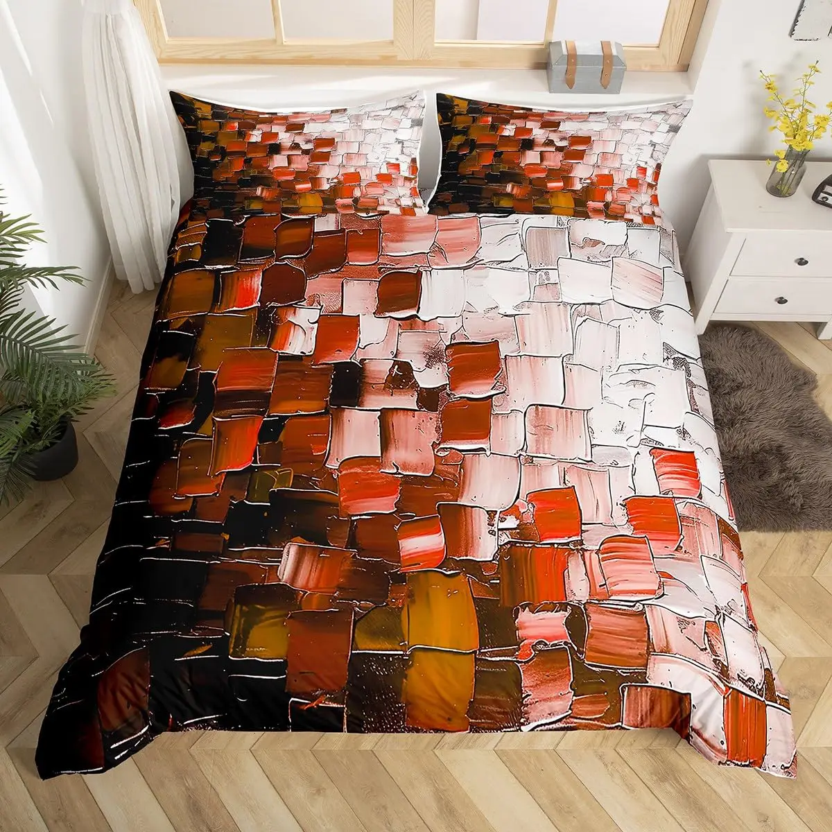 Abstract Squares Duvet Cover Geometric Checkerboard Patchwork Bedding Set Oil Paint Tie-dye Comforter Cover,Green Quilt Cover