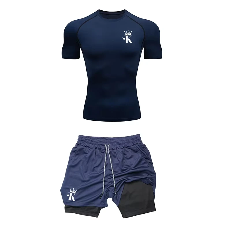 

2 in 1 Shorts Compression T Shirt Men's Sport Suits Quick Dry Running Sets Tracksuit Gym Training the king in running RL0311