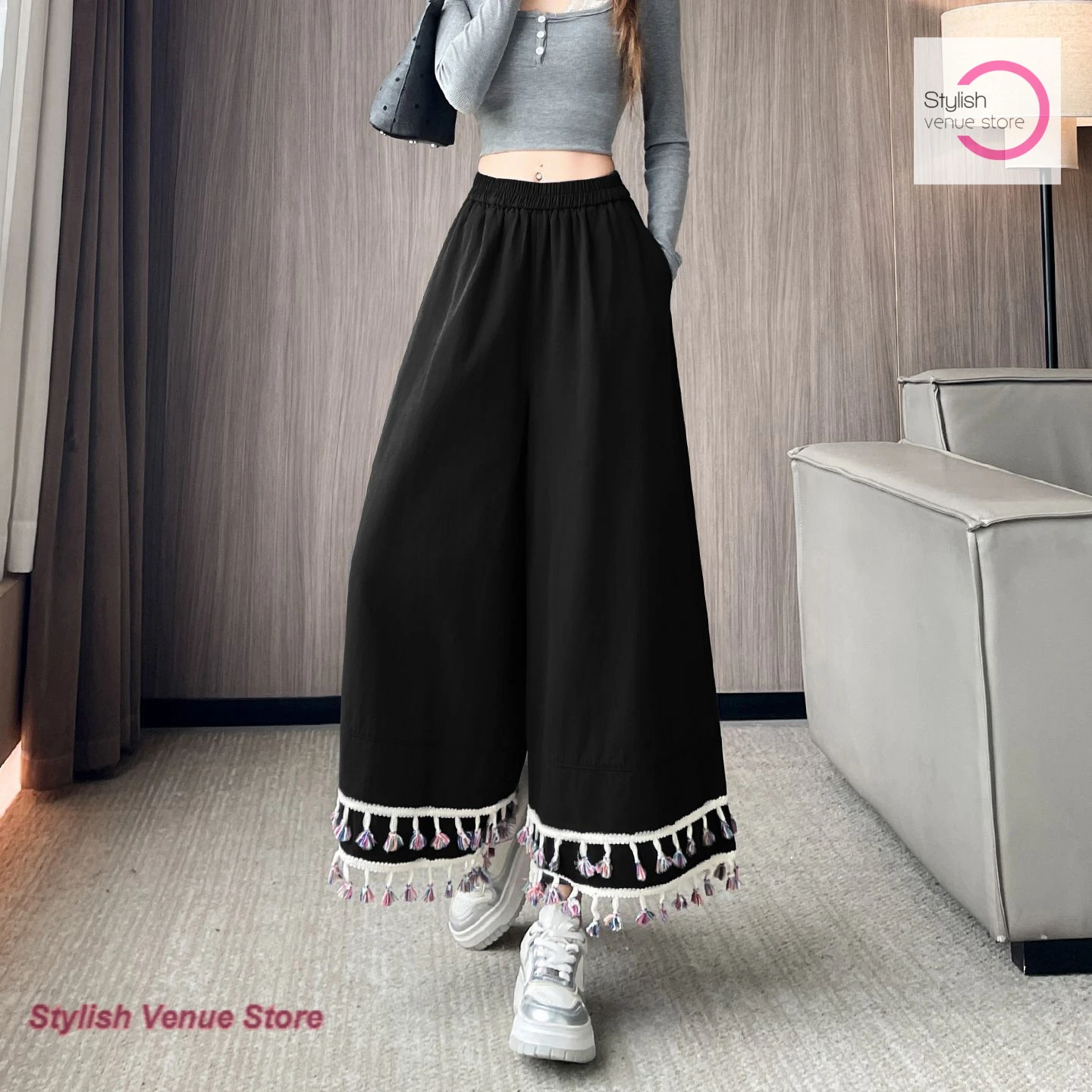 French plus size new season nine thin loose straight pants high waist ice silk tassel wide-leg pants women's summer casual pants