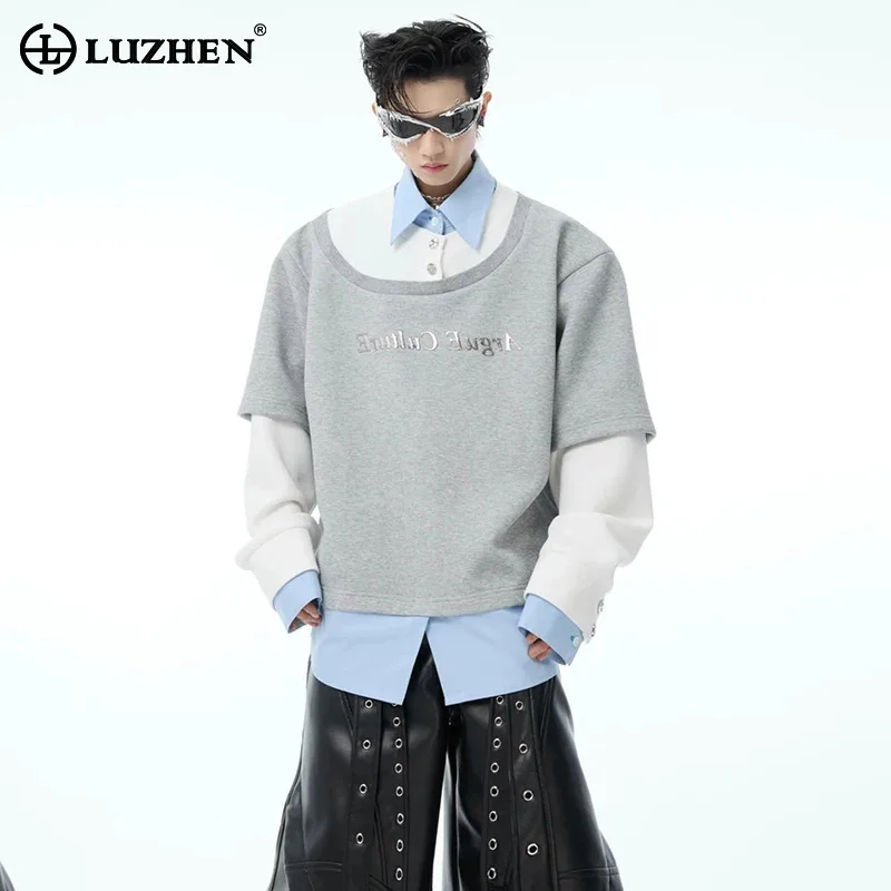 LUZHEN Street 2025 تصميم جديد متخصص رسالة المرقعة ملابس أصلية للرجال موضة كم طويل وهمية قطعتين البلوز JY4728