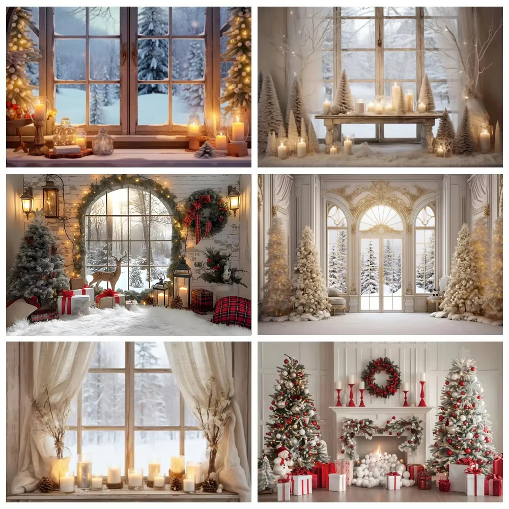 Merry Christmas Photo Background Xmas Tree Gift Window Fireplace Candle Baby Family Portrait Photography Backdrop Photo Studio