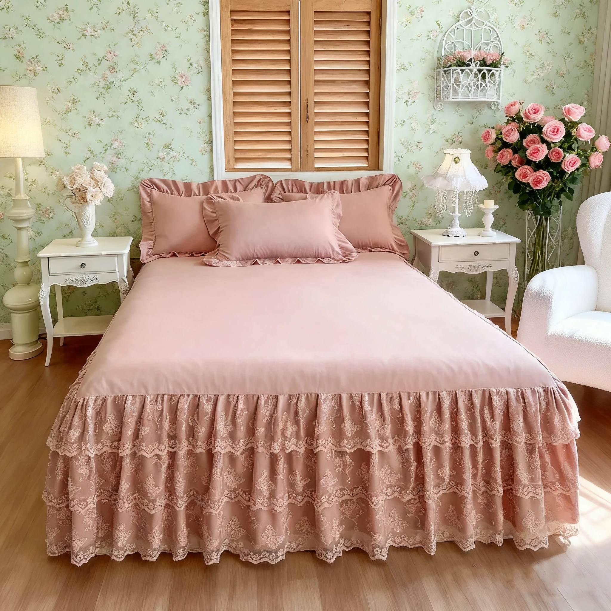 

2026 New Solid Color 3 Layers Butterfly Lace Ruffled Bed Skirt,Non-slip Mattress Cover Bedsheet Bedspread Sabanas Matrimoniales