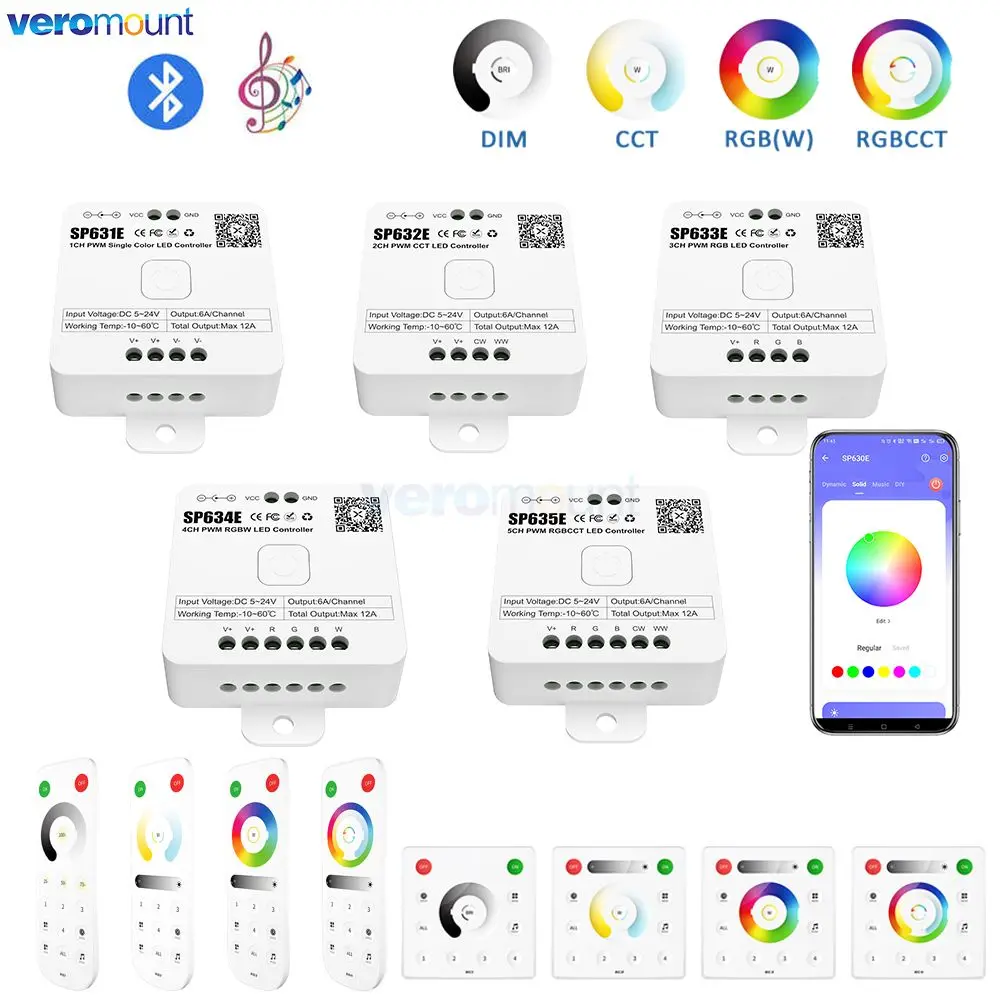 

SP631E SP632E SP635E PWM LED Controller 2.4G for DIM CCT RGB RGBW RGBCCT BT Music APP Voice 5050 FCOB LED Light Strip DC5V-24V