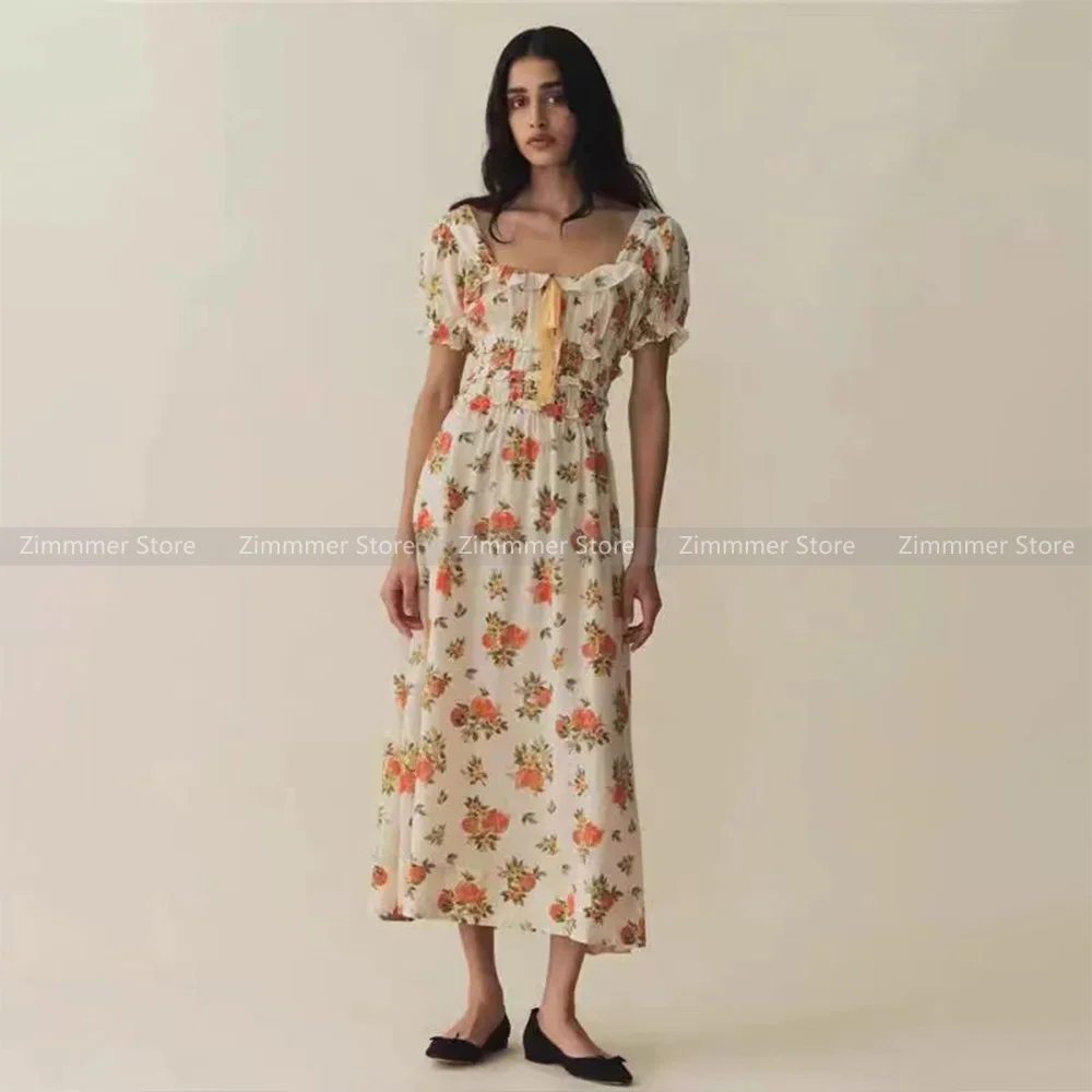 

Fashion Women's French pastoral style floral print square neck puff sleeve waist long dress